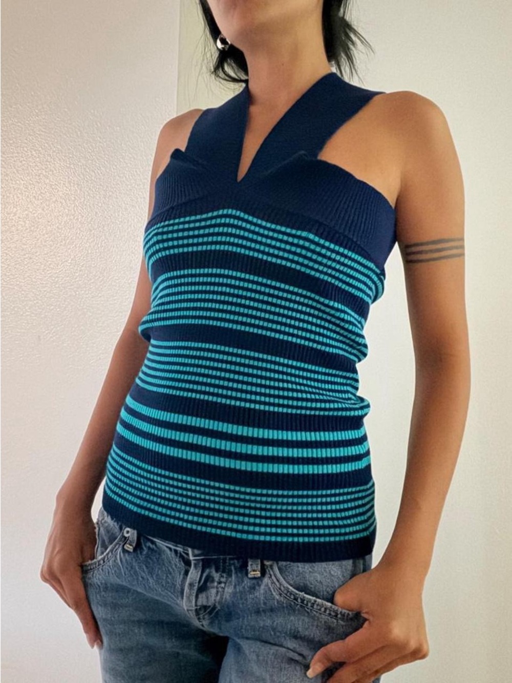 Y2K Retro Poof! Navy Blue Striped Cross Neck Knit Halter Top